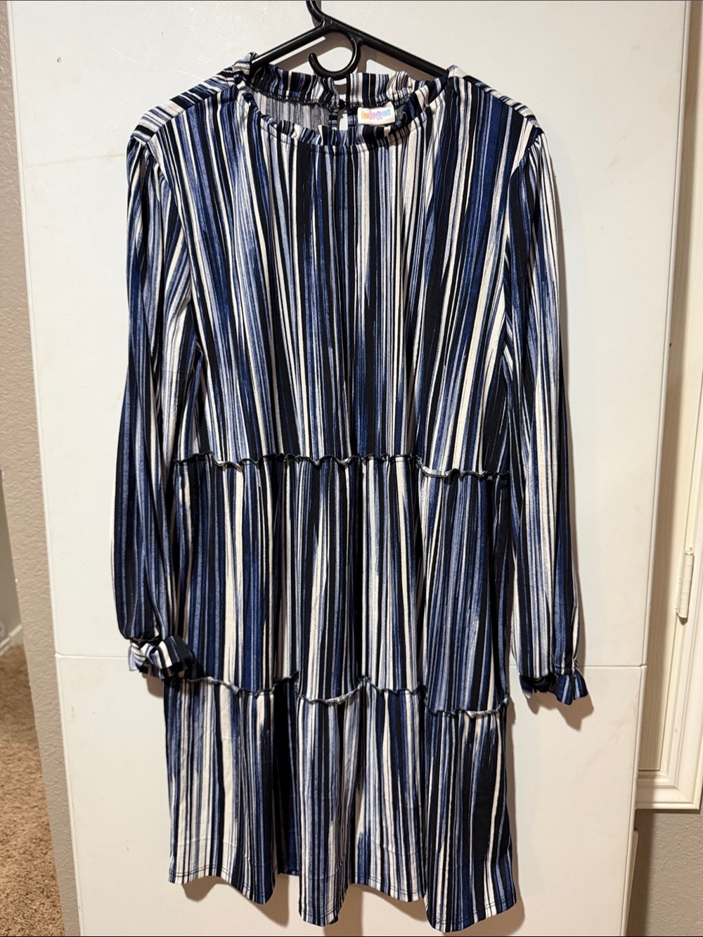 LuLaRoe Annabelle XL Navy and White Vertical Stripe Tiered Long-Sleeve Dress